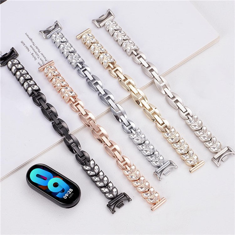 Metal Watch Strap For Xiaomi Smart Band 9 NFC / 9 / 8 Wheat-Shaped Rhinestone Adjustable Wrist Band Replacement Bracelet - Gold