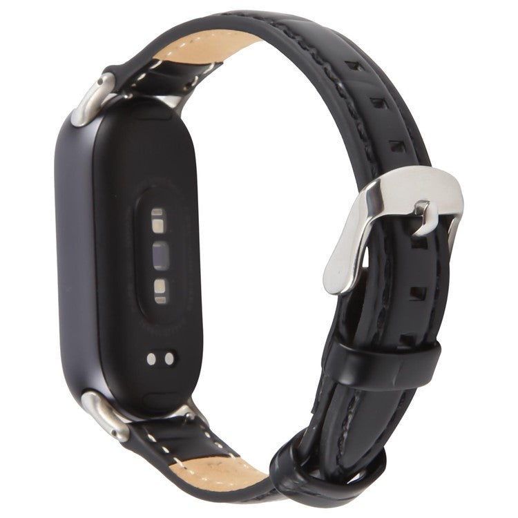 Genuine Cow Leather Watch Strap for Xiaomi Smart Band 9 NFC / 9 / 8 Wrist Band with Silver Metal Connector - Black / Bamboo Joint