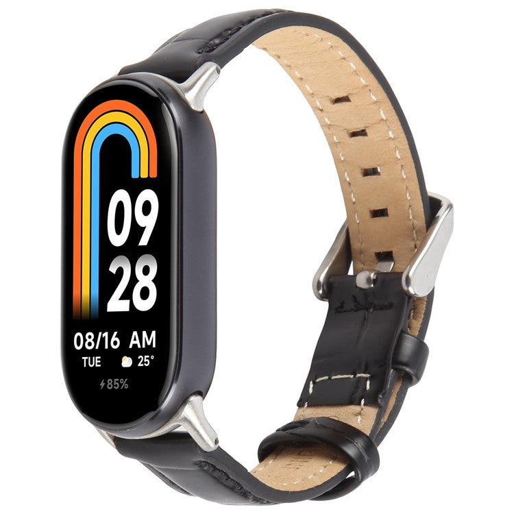 Genuine Cow Leather Watch Strap for Xiaomi Smart Band 9 NFC / 9 / 8 Wrist Band with Silver Metal Connector - Black / Bamboo Joint