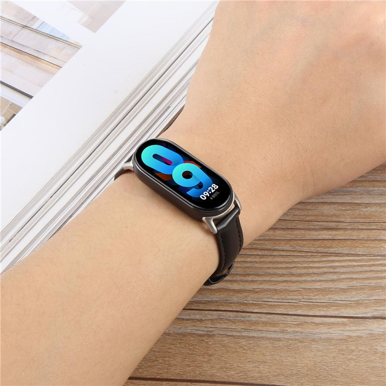 Genuine Cow Leather Watch Strap for Xiaomi Smart Band 9 NFC / 9 / 8 Wrist Band with Silver Metal Connector - Black / Bamboo Joint