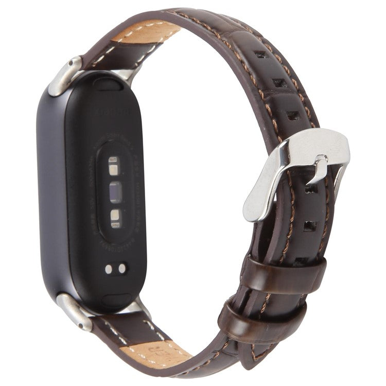 Genuine Cow Leather Watch Strap for Xiaomi Smart Band 9 NFC / 9 / 8 Wrist Band with Silver Metal Connector - Coffee / Bamboo Joint
