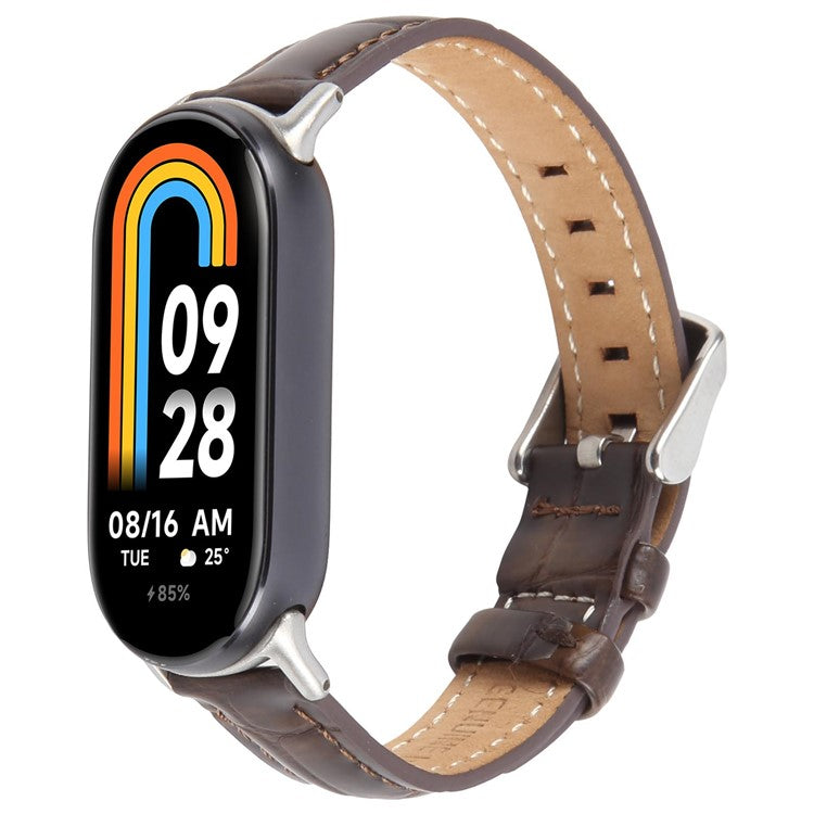 Genuine Cow Leather Watch Strap for Xiaomi Smart Band 9 NFC / 9 / 8 Wrist Band with Silver Metal Connector - Coffee / Bamboo Joint
