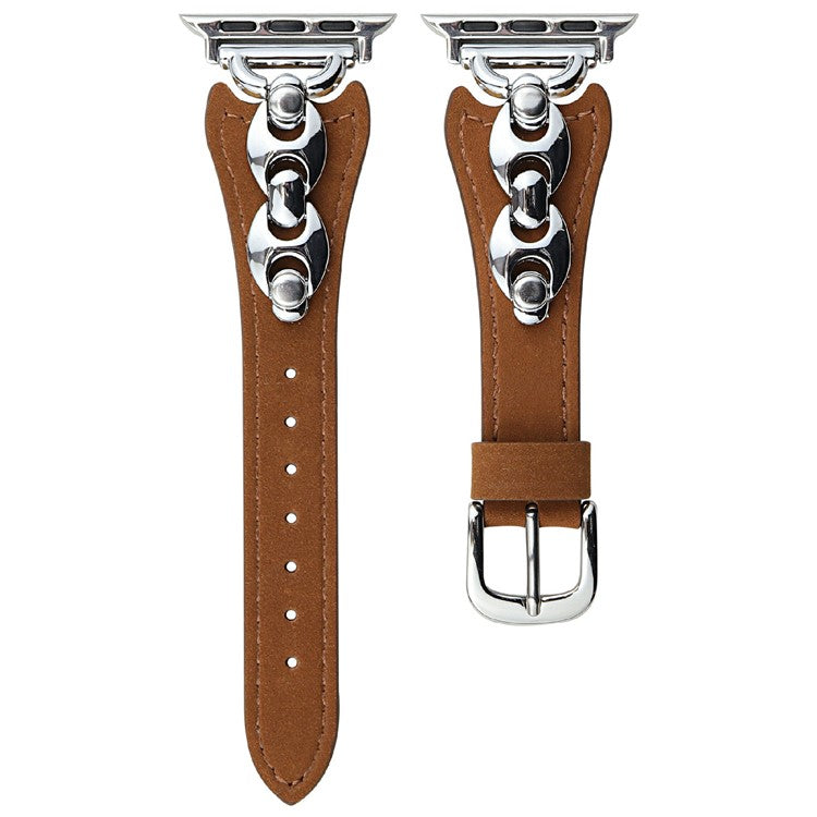 Watch Strap For Apple Watch Series 10 9 8 7 SE 6 5 4 3 2 1 42mm 41mm 40mm 38mm D-Shaped Metal Ring Leather Band - Brown  /  Silver
