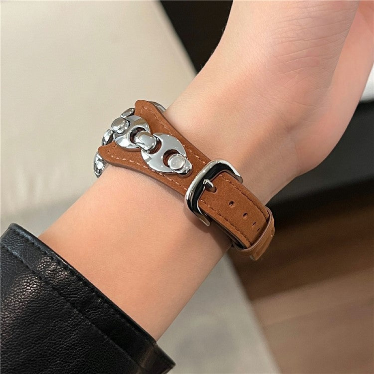 Watch Strap For Apple Watch Series 10 9 8 7 SE 6 5 4 3 2 1 42mm 41mm 40mm 38mm D-Shaped Metal Ring Leather Band - Brown  /  Silver