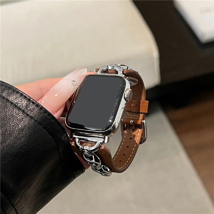 Watch Strap For Apple Watch Series 10 9 8 7 SE 6 5 4 3 2 1 42mm 41mm 40mm 38mm D-Shaped Metal Ring Leather Band - Brown  /  Silver