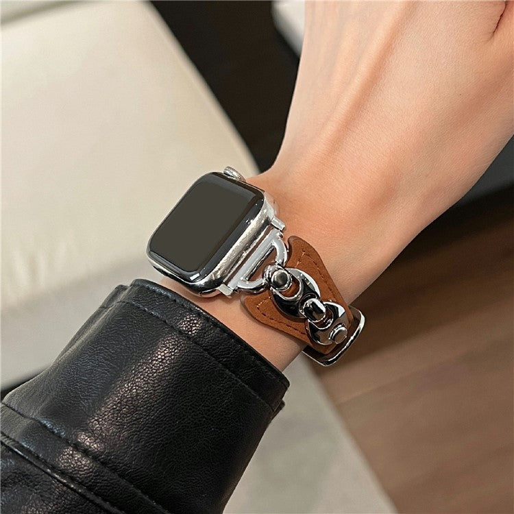 Watch Strap For Apple Watch Series 10 9 8 7 SE 6 5 4 3 2 1 42mm 41mm 40mm 38mm D-Shaped Metal Ring Leather Band - Brown  /  Silver