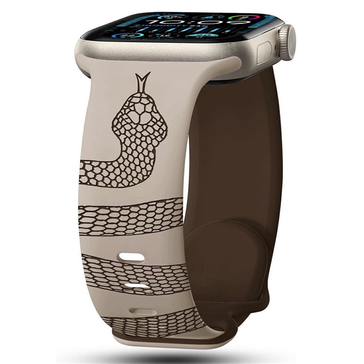 Silicone Band for Apple Watch Series 10 9 8 7 SE 6 5 4 3 2 1 42mm 41mm 40mm 38mm Dual Color Snake Pattern Engraved Watch Strap - Milk Tea / Coffee