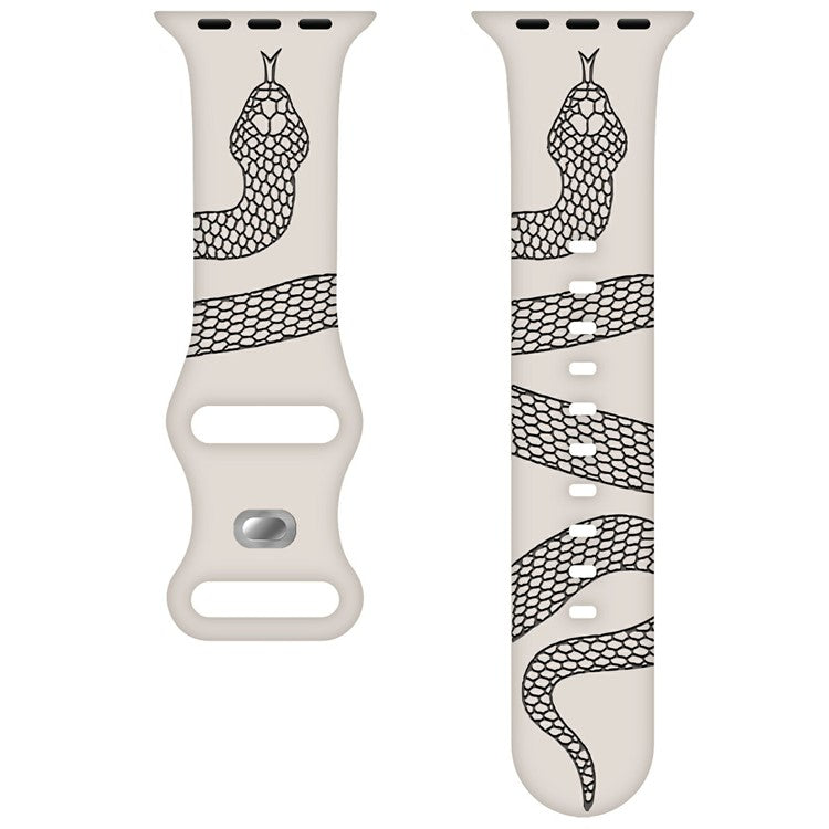 Silicone Band for Apple Watch Series 10 Ultra 9 8 7 SE 6 5 4 3 2 1 46mm 49mm 45mm 44mm 42m Snake Pattern Engraved Watch Strap - Starlight / Black