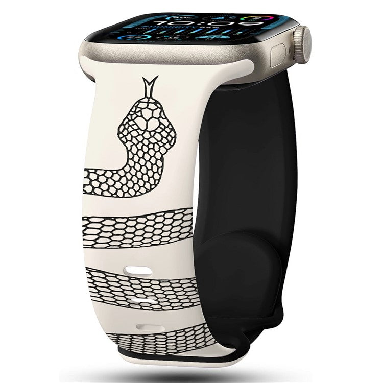 Silicone Band for Apple Watch Series 10 Ultra 9 8 7 SE 6 5 4 3 2 1 46mm 49mm 45mm 44mm 42m Snake Pattern Engraved Watch Strap - Starlight / Black