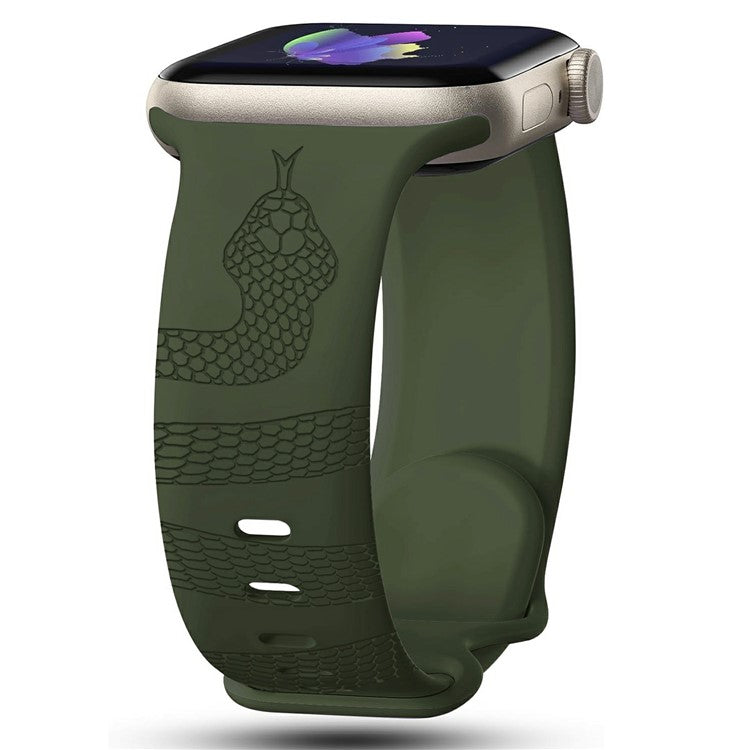 Silicone Strap for Apple Watch Series 10 9 8 7 SE 6 5 4 3 2 1 42mm 41mm 40mm 38mm Butterfly Clasp Watchband Snake Pattern Engraved - Army Green