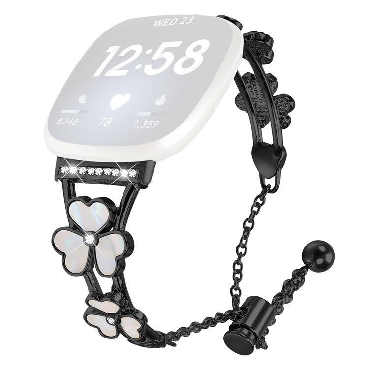 For Fitbit Versa 4 / Sense 2 Watchband Heart Clover Decor Zinc Alloy Metal Strap - Black