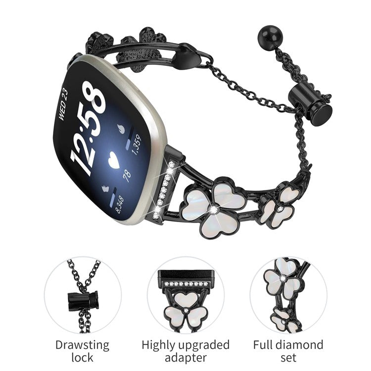 For Fitbit Versa 4 / Sense 2 Watchband Heart Clover Decor Zinc Alloy Metal Strap - Black