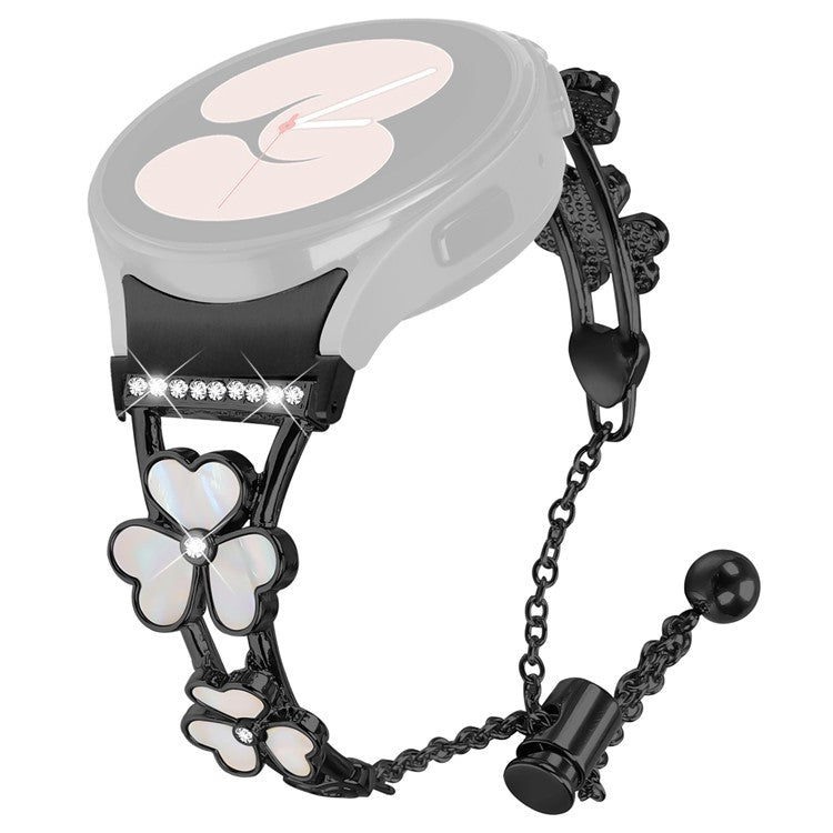 Watch Band with Connector for Samsung Galaxy Watch6 40mm 44mm / Watch6 Classic 43mm 47mm Heart Clover Decor Zinc Alloy Strap - Black