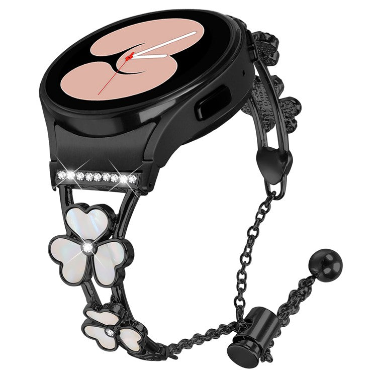 Watch Band with Connector for Samsung Galaxy Watch6 40mm 44mm / Watch6 Classic 43mm 47mm Heart Clover Decor Zinc Alloy Strap - Black