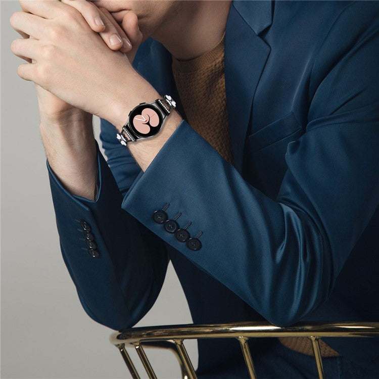 Watch Band with Connector for Samsung Galaxy Watch6 40mm 44mm / Watch6 Classic 43mm 47mm Heart Clover Decor Zinc Alloy Strap - Black