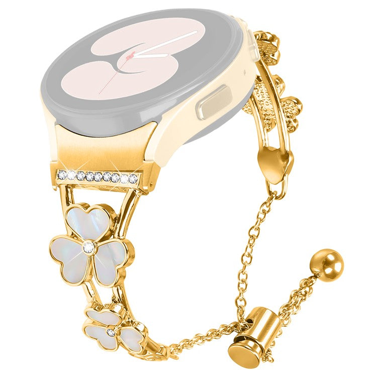 Watch Band with Connector for Samsung Galaxy Watch7 40mm 44mm Heart Clover Decor Zinc Alloy Strap - Gold