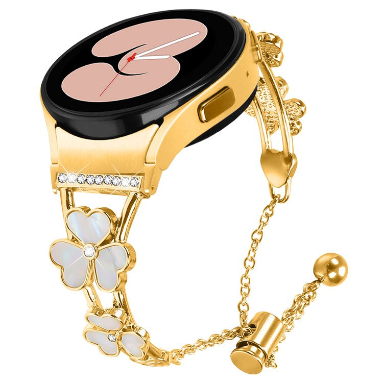 Watch Band with Connector for Samsung Galaxy Watch7 40mm 44mm Heart Clover Decor Zinc Alloy Strap - Gold