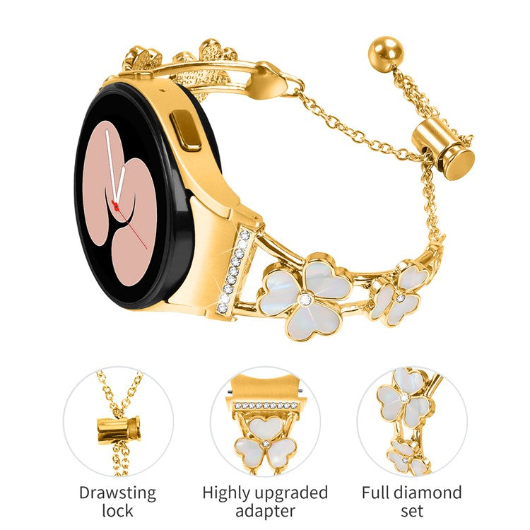Watch Band with Connector for Samsung Galaxy Watch7 40mm 44mm Heart Clover Decor Zinc Alloy Strap - Gold