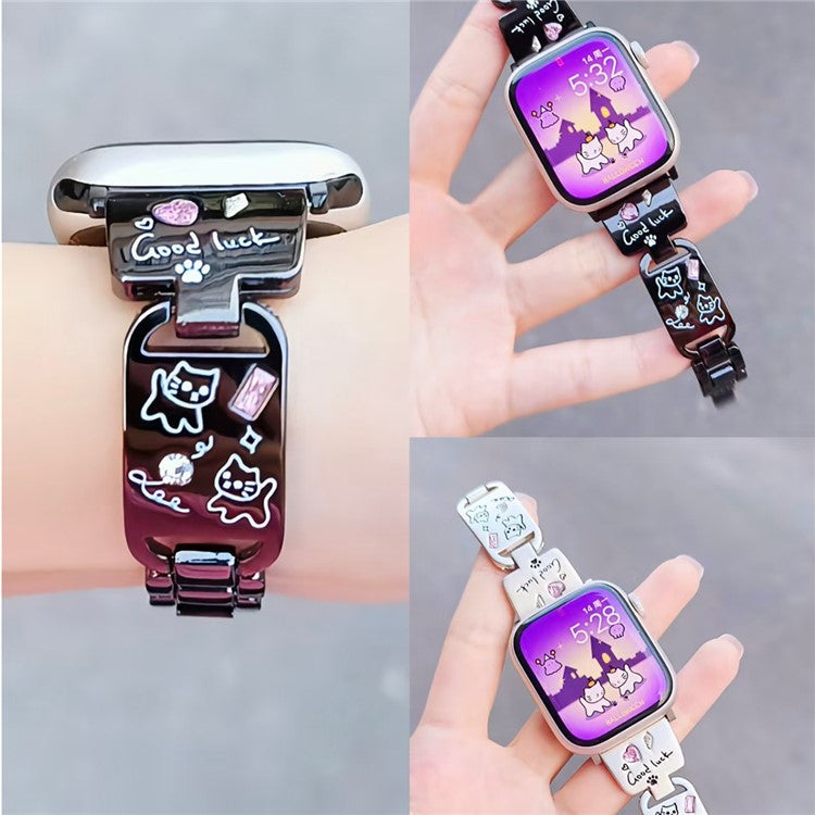 Metal Strap for Apple Watch Series 10 9 8 7 SE 6 5 4 3 2 1 42mm 41mm 40mm 38mm Watch Band Cat Pattern - Silver