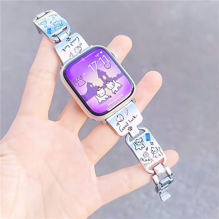 Metal Strap for Apple Watch Series 10 9 8 7 SE 6 5 4 3 2 1 42mm 41mm 40mm 38mm Watch Band Cat Pattern - Silver