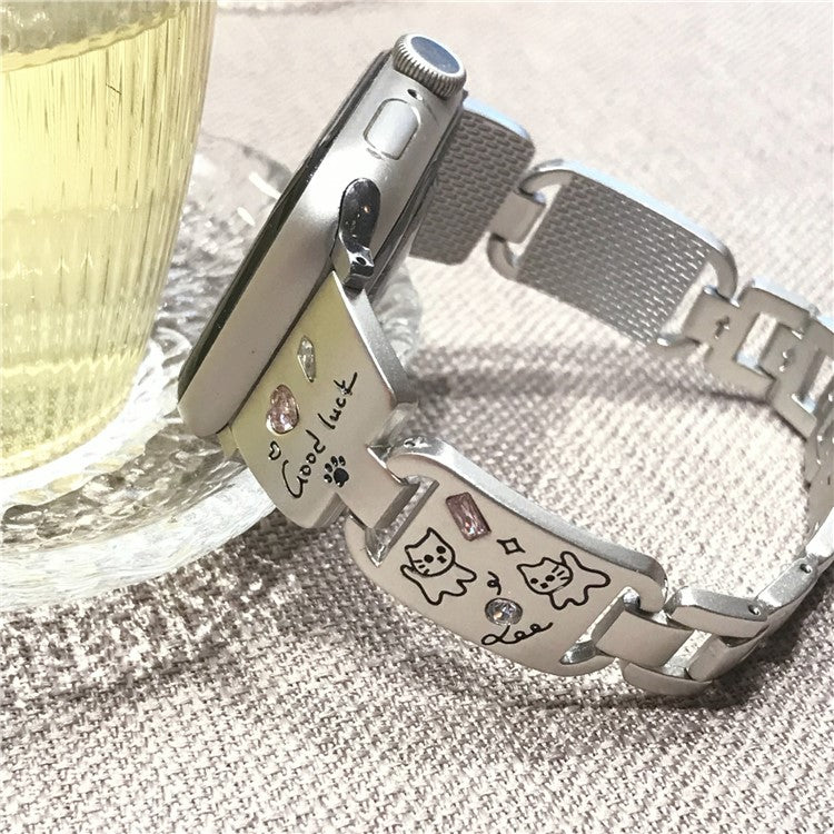 Metal Strap for Apple Watch Series 10 9 8 7 SE 6 5 4 3 2 1 42mm 41mm 40mm 38mm Watch Band Cat Pattern - Silver