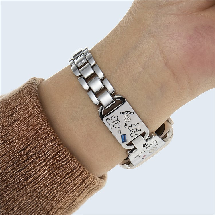 Metal Strap for Apple Watch Series 10 9 8 7 SE 6 5 4 3 2 1 42mm 41mm 40mm 38mm Watch Band Cat Pattern - Silver