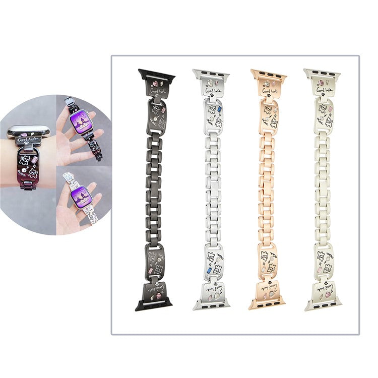 Metal Strap for Apple Watch Series 10 9 8 7 SE 6 5 4 3 2 1 42mm 41mm 40mm 38mm Watch Band Cat Pattern - Silver
