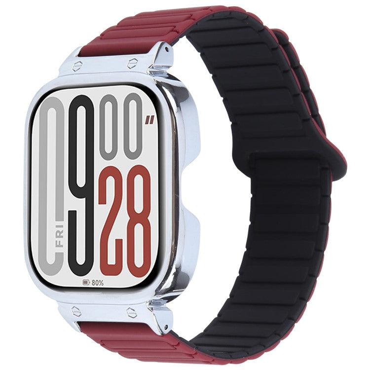 For Xiaomi Redmi Watch 5 / 4 Metal Silver Frame Integrated Magnetic Silicone Watch Band - Wine Red+Black