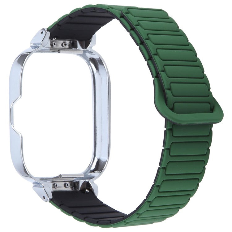 For Xiaomi Redmi Watch 5 / 4 Metal Silver Frame Integrated Magnetic Silicone Watch Band - Blackish Green+Black
