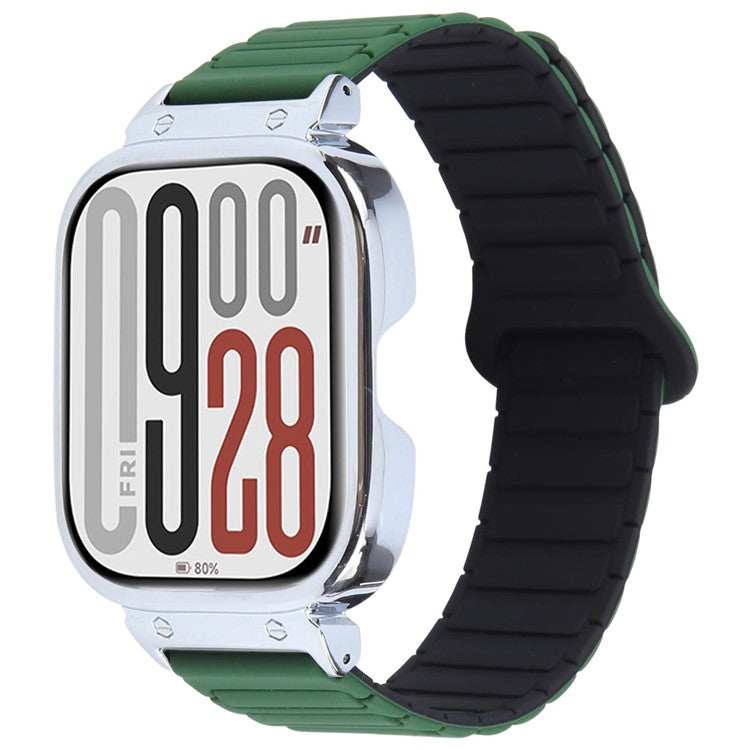 For Xiaomi Redmi Watch 5 / 4 Metal Silver Frame Integrated Magnetic Silicone Watch Band - Blackish Green+Black