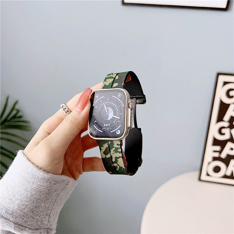 KALEBOL Camouflage Silicone Strap for Apple Watch Series 10 9 8 7 SE 6 5 4 3 2 1 42mm 41mm 40mm 38mm Magnetic Watch Band - Army Green