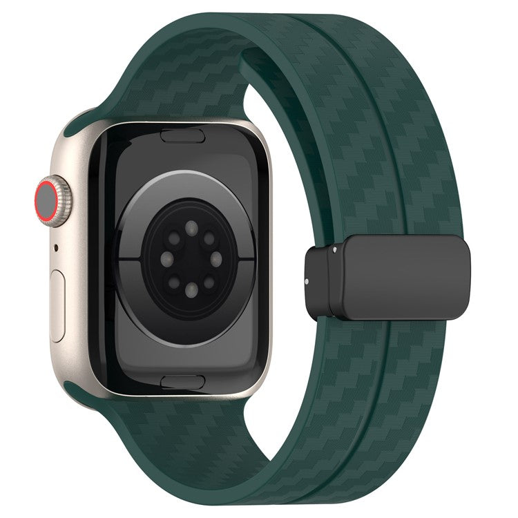 KALEBOL Magnetic Silicone Strap for Apple Watch Series 10 9 8 7 SE 6 5 4 3 2 1 42mm 41mm 40mm 38mm Carbon Fiber Texture Watch Band - Blackish Green
