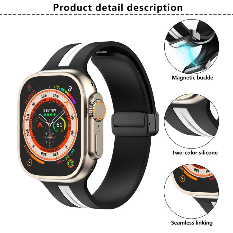 KALEBOL Striped Magnetic Silicone Strap for Apple Watch Series 10 9 8 7 SE 6 5 4 3 2 1 42mm 41mm 40mm 38mm Watch Band - Grey+Black