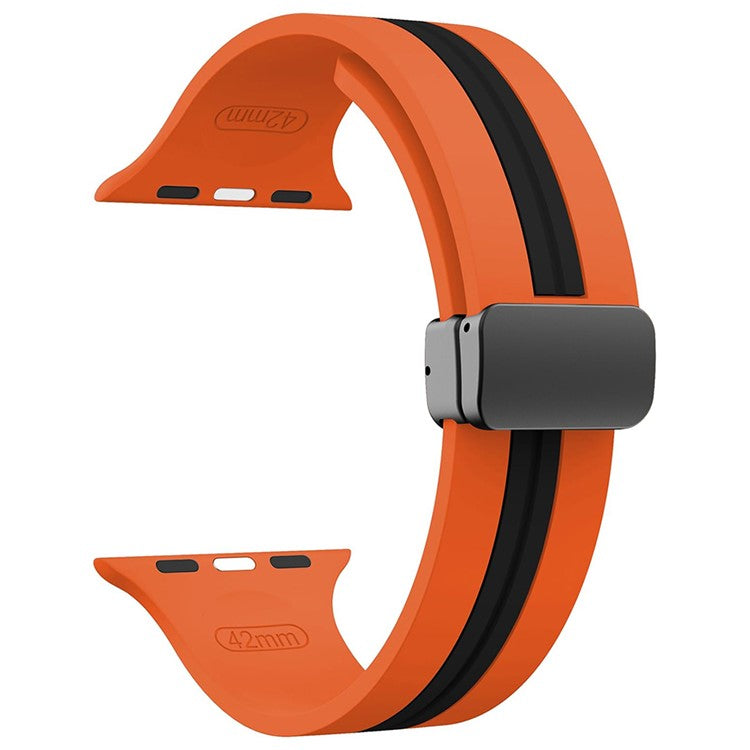 KALEBOL Striped Magnetic Silicone Strap for Apple Watch Series 10 Ultra 9 8 7 SE 6 5 4 3 2 1 46mm 49mm 45mm 44mm 42mm Watch Band - Orange+Black
