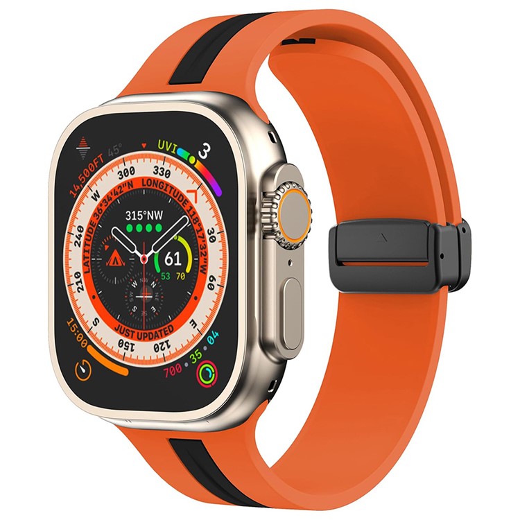 KALEBOL Striped Magnetic Silicone Strap for Apple Watch Series 10 Ultra 9 8 7 SE 6 5 4 3 2 1 46mm 49mm 45mm 44mm 42mm Watch Band - Orange+Black