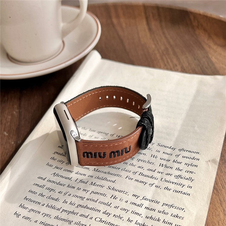 Watch Band For Apple Watch Series 10 Ultra 9 8 7 SE 6 5 4 3 2 1 46mm 49mm 45mm 44mm 42mm Embroidered Denim Leather Strap - Brown / Black