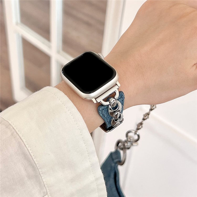 Watch Band For Apple Watch Series 10 Ultra 9 8 7 SE 6 5 4 3 2 1 46mm 49mm 45mm 44mm 42mm Metal D-Buckle Denim Leather Strap - Baby Blue / Silver