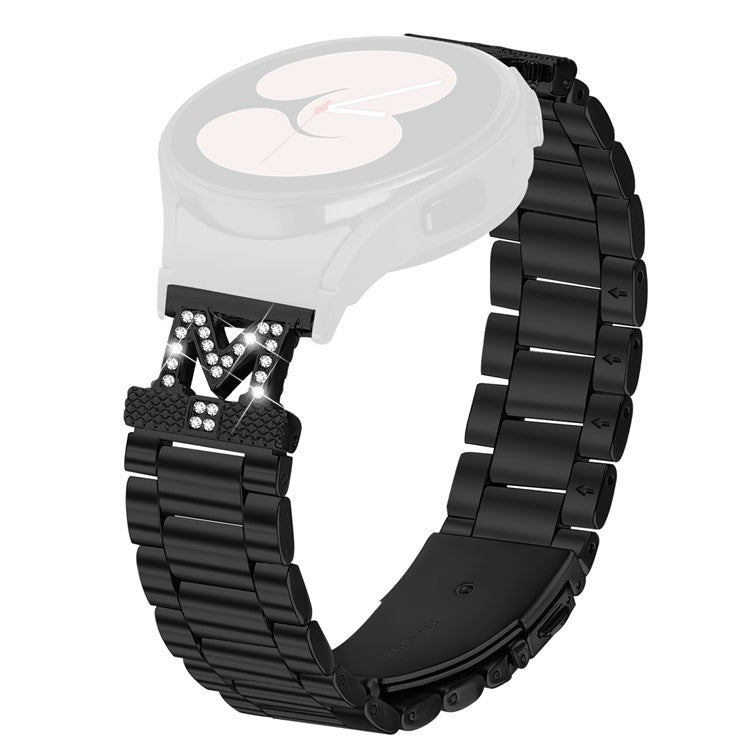 Watch Band with Quick Release Connector for Samsung Galaxy Watch7 40mm 44mm Rhinestones Decor 3-Bead Stainless Steel Strap - Black