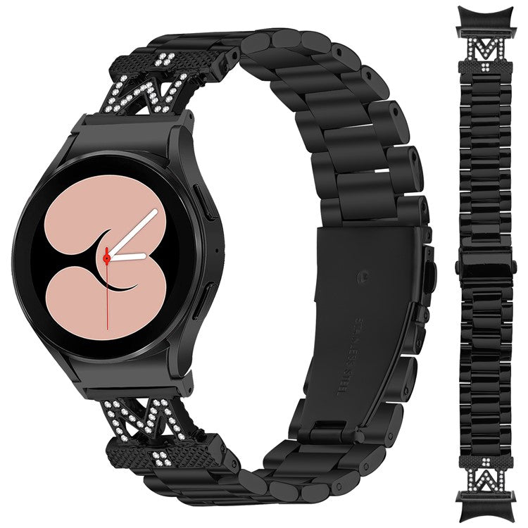 Watch Band with Quick Release Connector for Samsung Galaxy Watch7 40mm 44mm Rhinestones Decor 3-Bead Stainless Steel Strap - Black