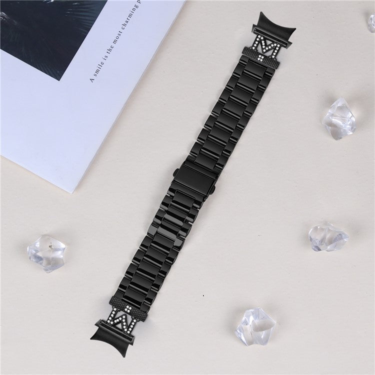 Watch Band with Quick Release Connector for Samsung Galaxy Watch7 40mm 44mm Rhinestones Decor 3-Bead Stainless Steel Strap - Black