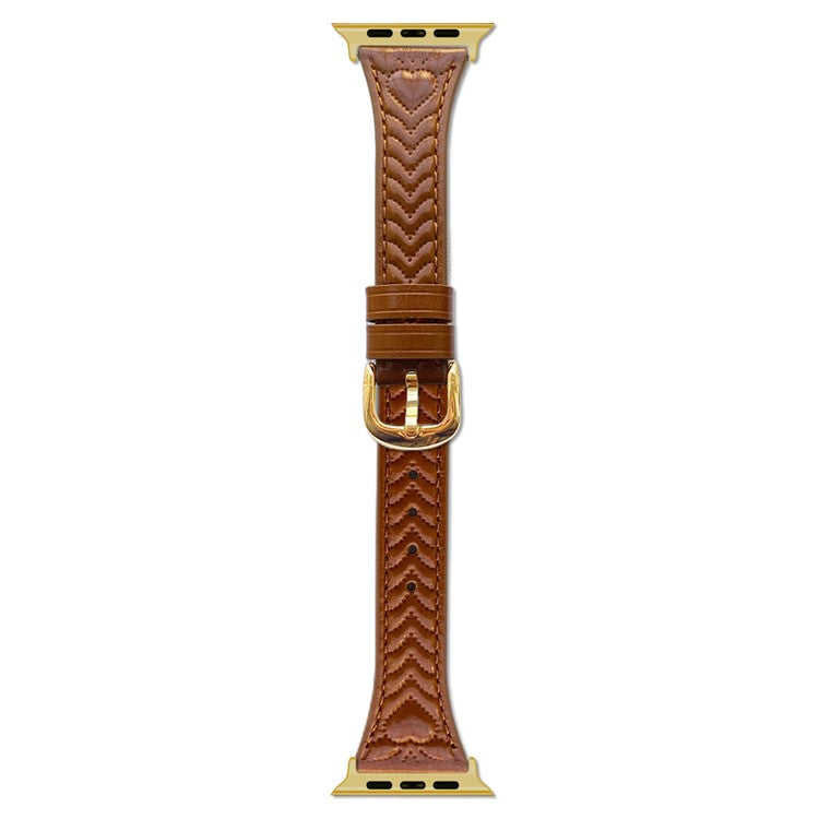 Watch Band For Apple Watch Series 10 9 8 7 SE 6 5 4 3 2 1 42mm 41mm 40mm 38mm Heart Pattern Embossed Genuine Leather Strap - Brown