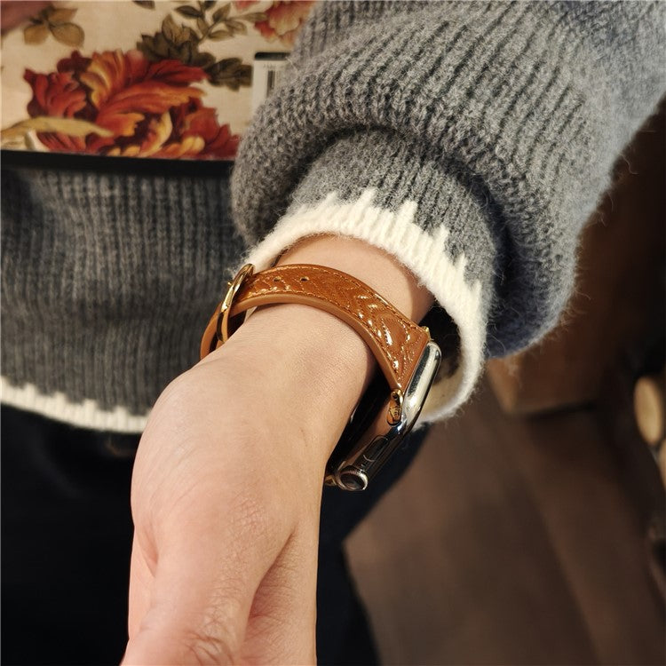 Watch Band For Apple Watch Series 10 9 8 7 SE 6 5 4 3 2 1 42mm 41mm 40mm 38mm Heart Pattern Embossed Genuine Leather Strap - Brown