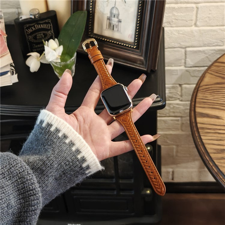 Watch Band For Apple Watch Series 10 9 8 7 SE 6 5 4 3 2 1 42mm 41mm 40mm 38mm Heart Pattern Embossed Genuine Leather Strap - Brown