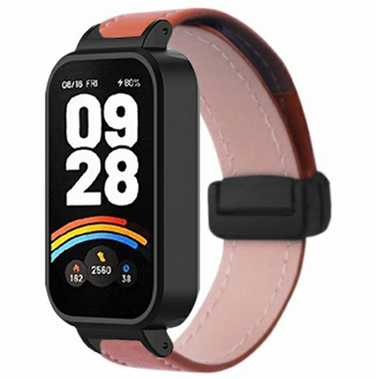For Xiaomi Redmi Band 3 / Smart Band 9 Active Replacement Watch Band Magnetic Folding Buckle Leather Strap with PC Case - Brown