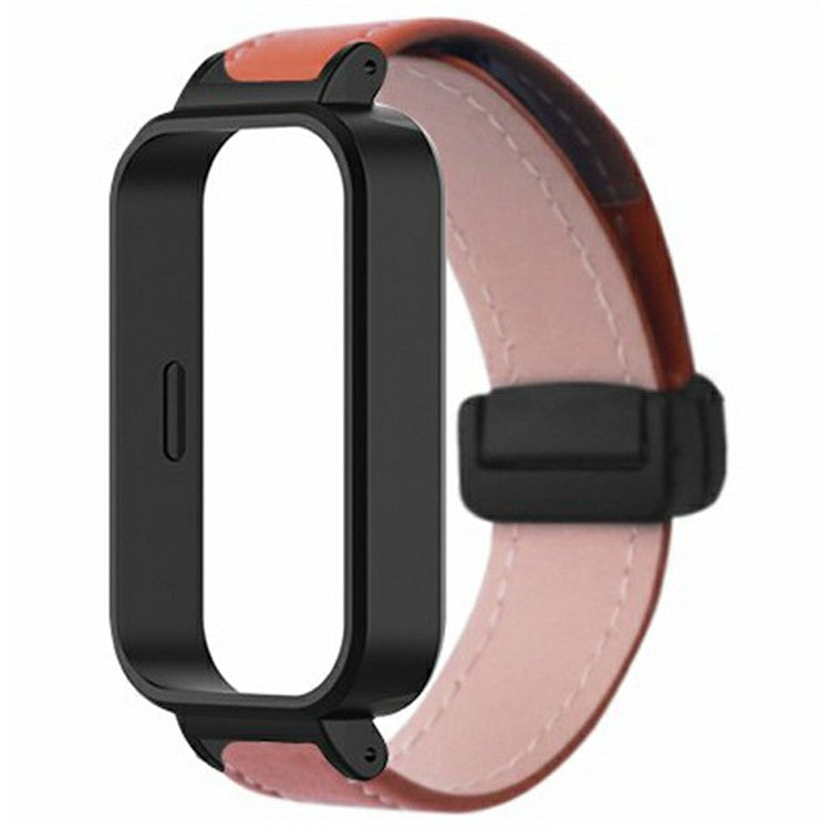 For Xiaomi Redmi Band 3 / Smart Band 9 Active Replacement Watch Band Magnetic Folding Buckle Leather Strap with PC Case - Brown