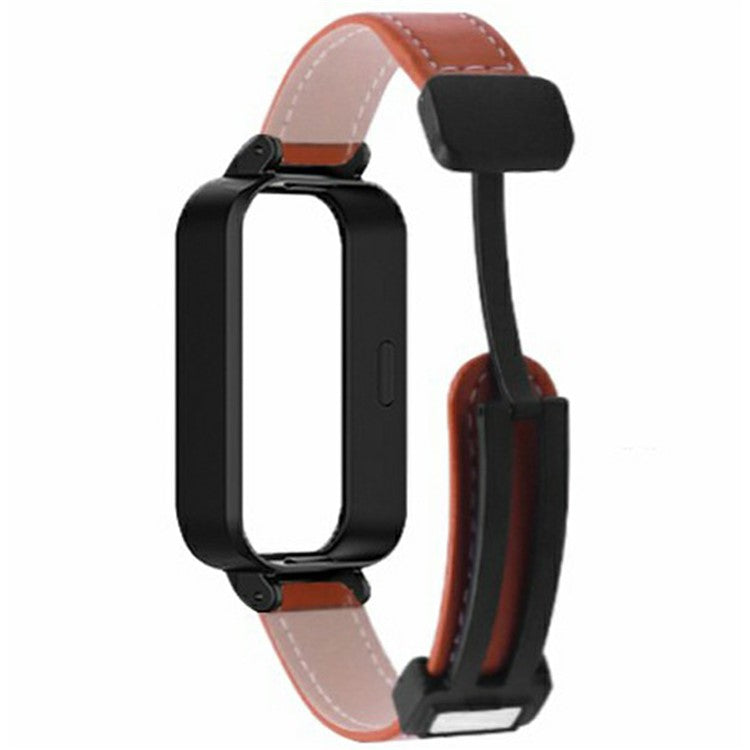 For Xiaomi Redmi Band 3 / Smart Band 9 Active Replacement Watch Band Magnetic Folding Buckle Leather Strap with PC Case - Brown