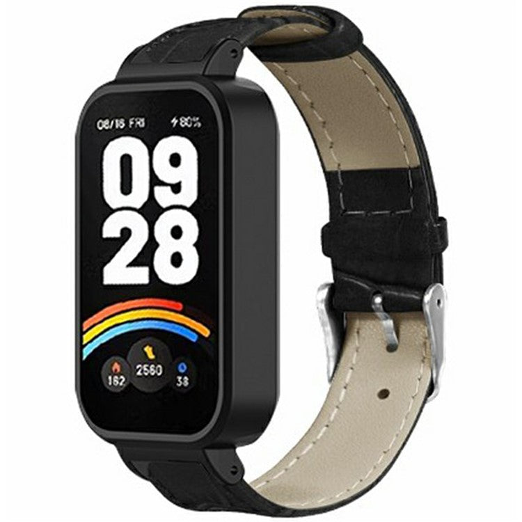For Xiaomi Redmi Band 3 / Smart Band 9 Active Watch Band with PC Case Bamboo Texture Leather Replacement Strap - Black