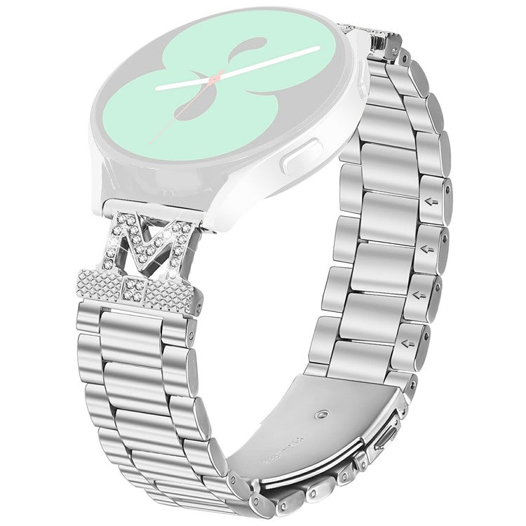 For TicWatch E / E3 Strap Rhinestones Decor 3-Bead Silver Stainless Steel Watch Band