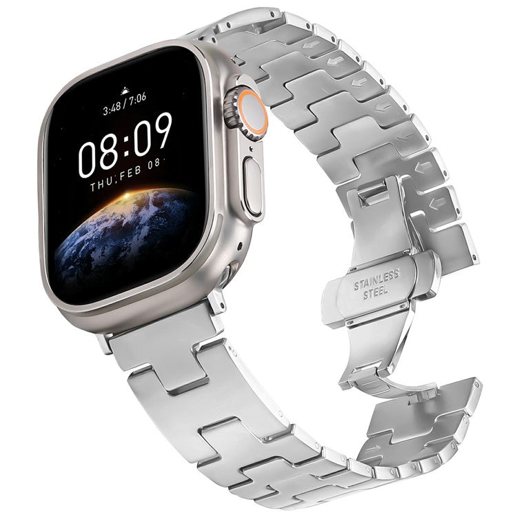 Watch Strap For Apple Watch Series 10 Ultra 9 8 7 SE 6 5 4 3 2 1 46mm 49mm 45mm 44mm 42mm H-Type Butterfly Clasp Stainless Steel Band Silver
