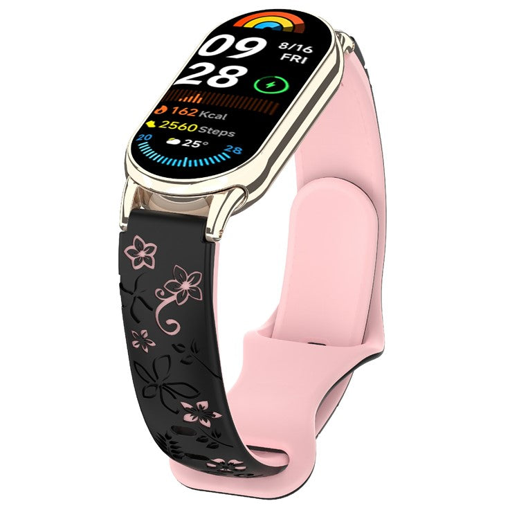 For Xiaomi Smart Band 9 / 8 Embossed Silicone Dual Color Strap Replacement Wristband - Black+Pink